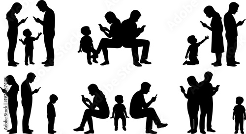 Parents ignoring child using smartphone silhouette set, family mobile addiction and lack of attention concept vector