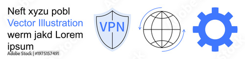 Cybersecurity, network connectivity, privacy protection, global internet, technology tools, online configuration. Shield with VPN text, globe icon and gear. Cybersecurity and network connectivity