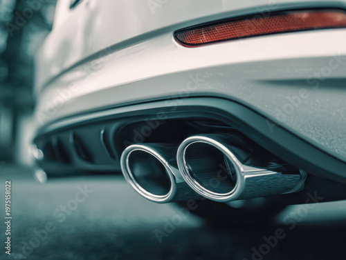 Exhaust pipes on a modern car with dual chrome tips highlighting automotive design and performance features in an urban outdoor environment