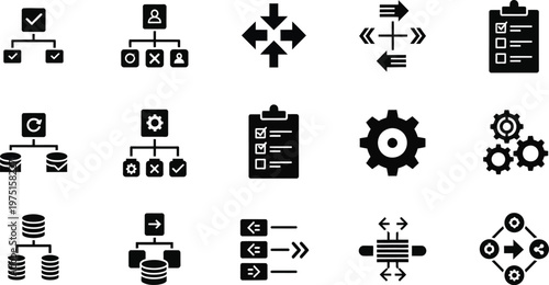 Set of flat vector icons illustrating organizational structure, data flow, workflow management, and system optimization