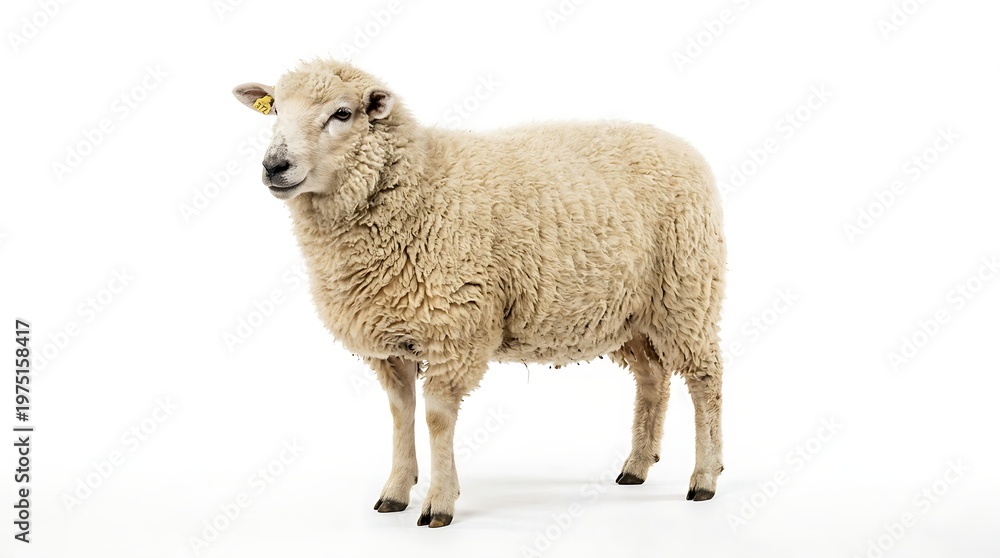 Fototapeta premium Isolated sheep stands against white background livestock animal concept