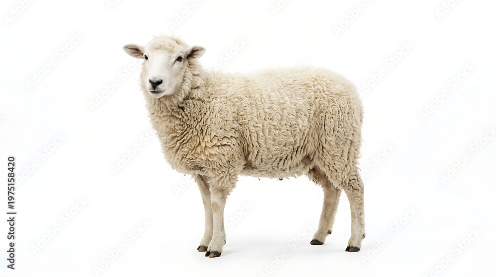 Fototapeta premium Isolated sheep stands gracefully against a clean white background in studio shot