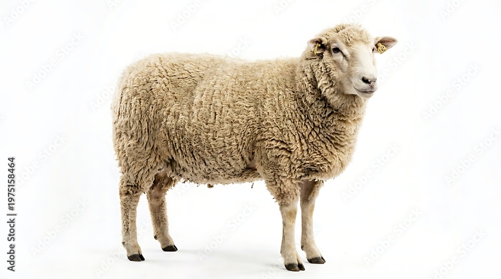 Fototapeta premium Isolated sheep stands in profile against a clean white background