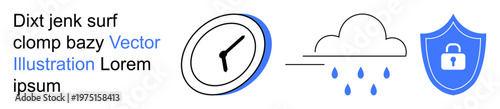 Time management, weather forecasting, data protection, cybersecurity, cloud storage, secure systems. A clock, rain cloud and shield with a lock. Time management and weather forecasting concepts