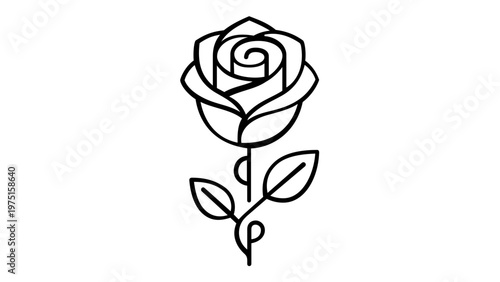 Elegant minimalist black and white line art vector icon illustration of a blooming rose flower with a stem and leaves, ideal for gardening, nature, and floral design, scalable AI-generated.