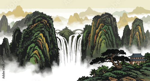 Panoramic summer landscape featuring a city view nestled among green forest trees and majestic mountain peaks under a cloudy blue sky with rocky cliffs and a winding river