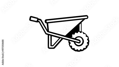 Minimalist wheelbarrow vector icon illustration for gardening, landscaping, and construction projects. Clean black line art design on white background, scalable flat graphic for modern designs.