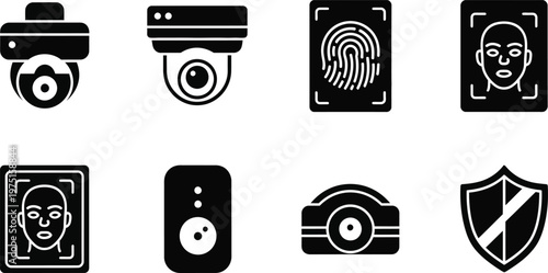Advanced security and surveillance technology icons featuring biometric identification and monitoring systems