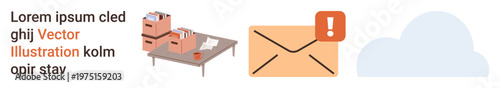 Communication, email notifications, remote work, office organization, cloud storage, data sharing. Envelope with alert, file stacks on desk cloud icon. Communication and email notifications concept
