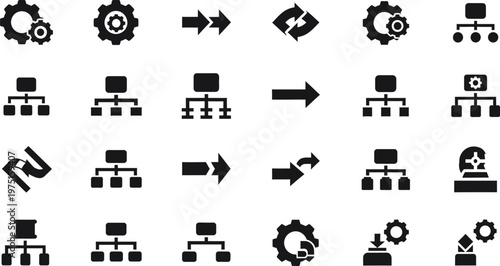 Diverse Collection of Workflow Management and Organizational Structure Icons for Digital Systems and Business Processes