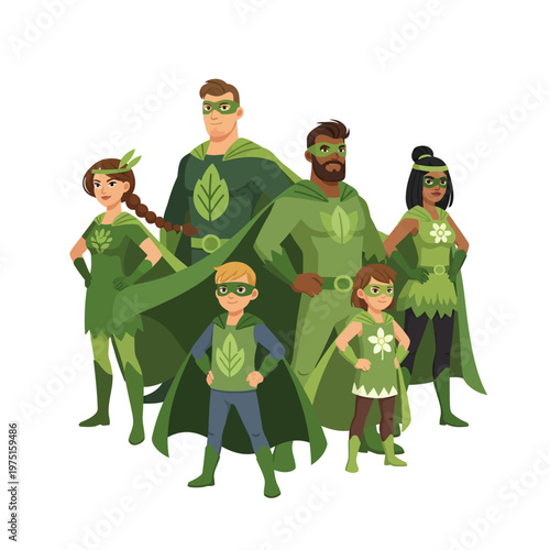 Green superhero family team standing.