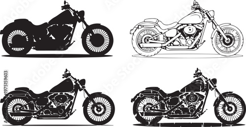 Vintage motorcycle vector illustration set featuring black silhouette sport bikes and chrome choppers for fast transport and engine speed design