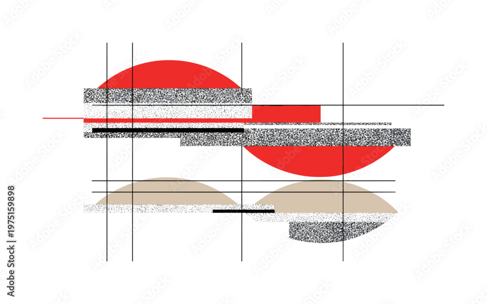 Fototapeta premium grainy broadcast interference with structured layout, black and white noise texture combined with grid lines and semicircles, bold red and beige shapes adding