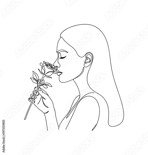 Serene Expression. Minimalistic one-line drawing a woman smelling a rose with peaceful facial outline, continuous single black line on white background, simple