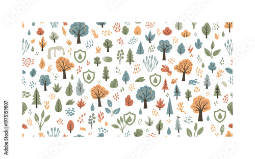 nature protection symbols seamless pattern, repeating pattern, surface design, textile print, soft color palette, modern illustration, no shadows, flat