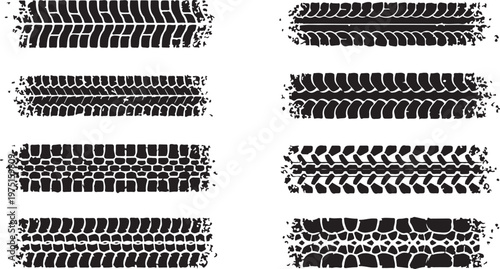 A comprehensive collection of diverse tire tracks and tire prints featuring various tread patterns for automotive design