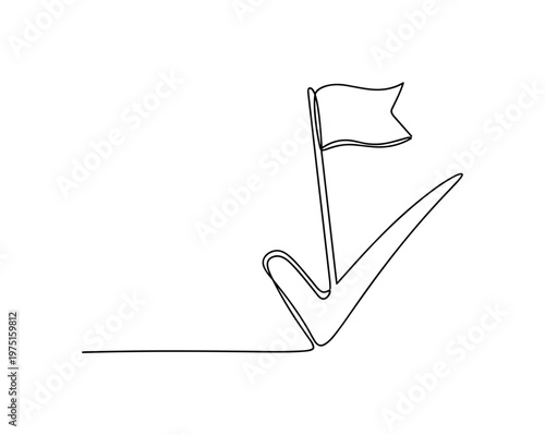 Success Target Completion. Minimalistic one-line drawing check mark integrated with small flag icon above, continuous single black line on white background,