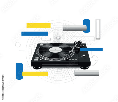 classic audio setup with abstract geometric overlays, black and white turntable paired with circular patterns and grid lines, floating rectangles and cylinders
