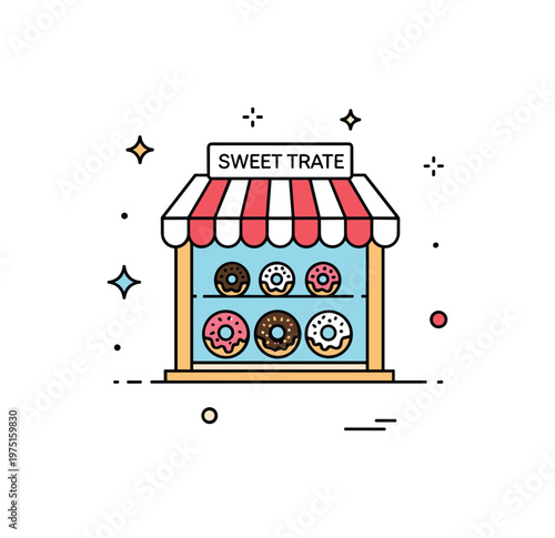 Sweet treat display a tiny donut shop window with playful icing details and small decorative sparkles enhancing the cheerful mood. The scene highlights delight
