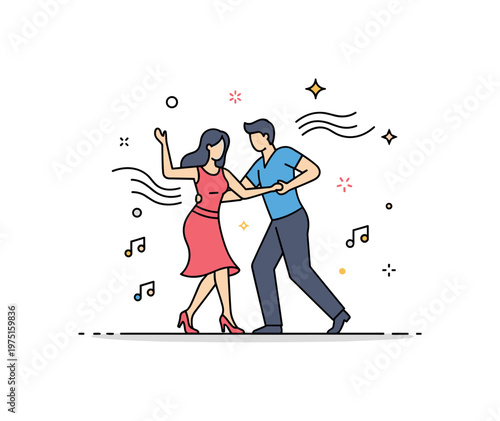 Salsa dance scene with a couple in motion, flowing arm gestures, and small rhythm accents conveying passion, energy, and connection on the dance floor.
