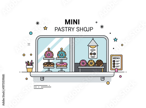 Mini pastry shop a compact window scene with donuts on display stands and a tiny menu card hinting at flavors. The illustration suggests variety and simple joy