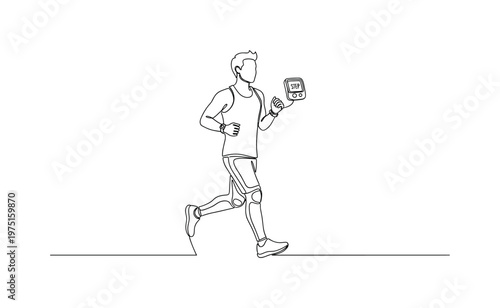 Cardio Workout Illustration. Minimalistic one-line drawing person jogging with floating step counter icon near wrist, continuous single black line on white