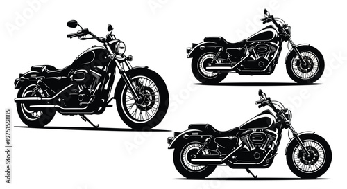 Set of motorcycle vector illustrations featuring a black sport bike and red chopper with chrome engines and fast wheels isolated for transport