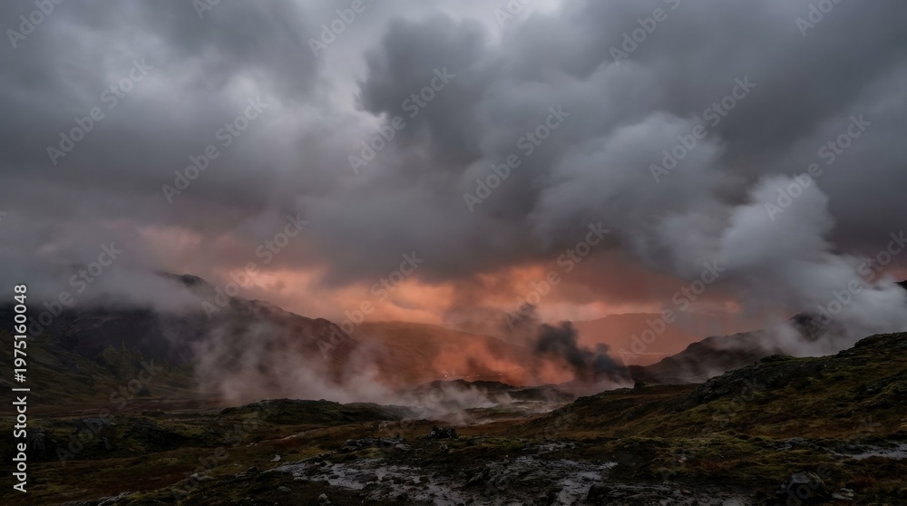 Fototapeta premium Clouds drifting through vapor as fog spreads slowly in the air, grey smoke rising with mist and steam, storm energy building beneath a faint fiery glow, photorealistic, cinematic atmospheric realism,