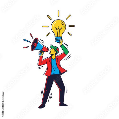 Man holding megaphone and lightbulb.