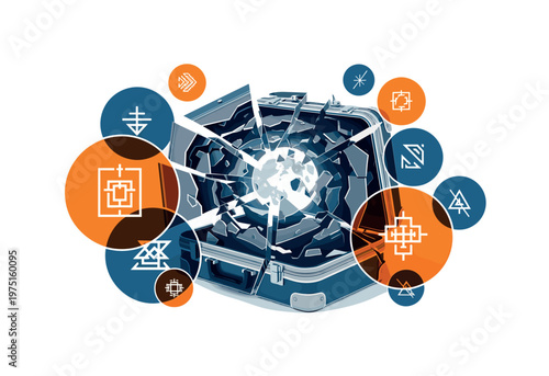 fragmented suitcase with the moon breaking out, overlapping orange and blue circles with abstract symbols, layered paper cut-out look with white outlines,