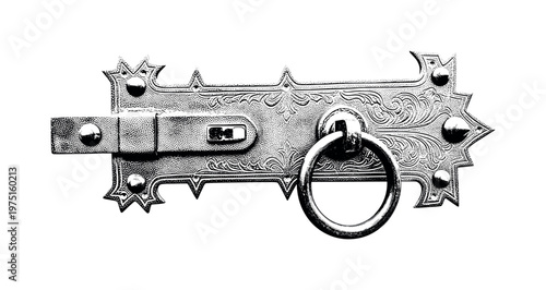 A gothic door latch with intricate engraved flourishes and spiked ornamental edges, isolated and slightly cropped, black and white halftone illustration,