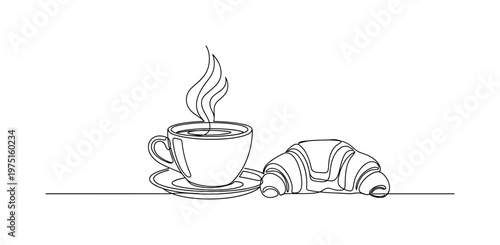 Cozy Cafe. Minimalistic one-line drawing a coffee cup with rising steam and a flaky croissant, continuous single black line on white background, simple outline