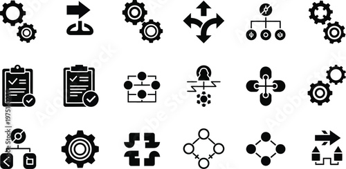 Essential workflow, process management, and system configuration icons for business operations and data organization solutions