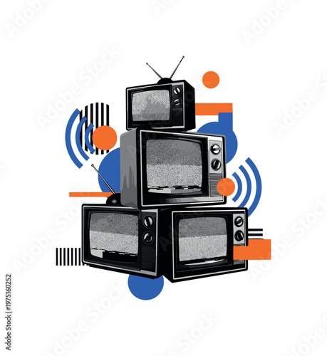 stack of retro televisions showing static interference, black and white cut-out TVs layered with geometric overlays like stripes and circles, abstract signal