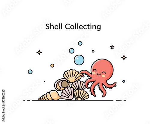Shell collecting a small octopus happily gathering a few seashells into a neat cluster with bubbles floating around. A simple and satisfying visual