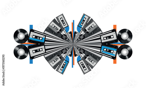 cassette tape forming symmetrical abstract layout, monochrome tape mirrored with circular patterns and radiating lines, geometric balance using semicircles and