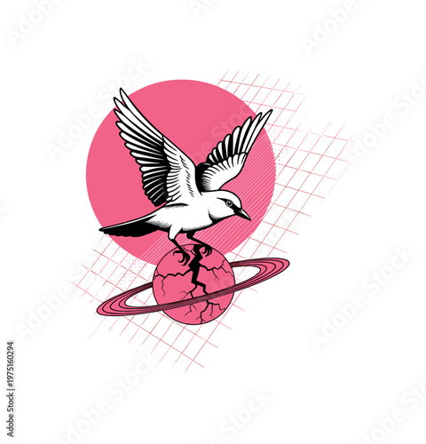black and white bird hovering while carrying a cracked planet, large pink sun-like circle behind, diagonal grid lines and abstract elements creating depth,