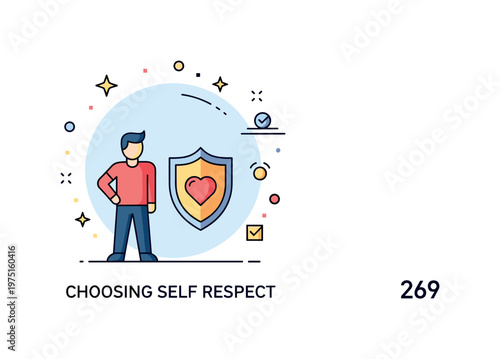 Choosing self respect concept centered on a figure standing confidently with a shield and heart icon expressing strength, dignity, and self worth. Minimalist