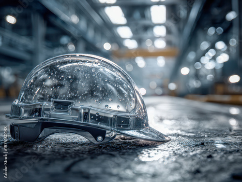 Transparent safety helmet covered with droplets resting on wet industrial floor in a large factory setting with illuminated background lights