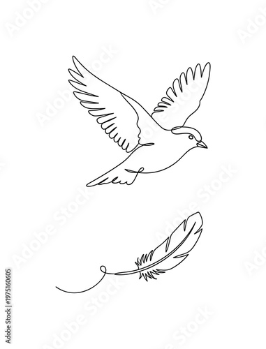 Gentle Drift. Minimalistic one-line drawing a bird gliding while a feather falls softly, continuous single black line on white background, simple outline