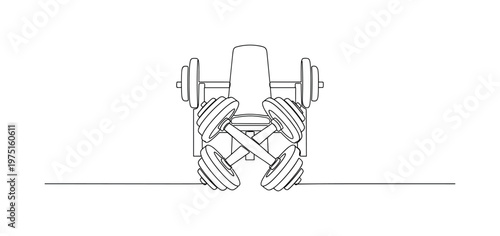 Gym Equipment with Dumbbells. Minimalistic one-line drawing pair of dumbbells crossed at center with simple bench outline behind, continuous single black line