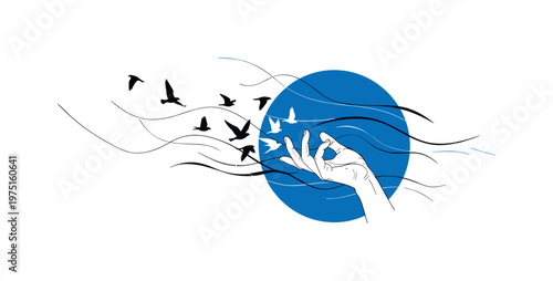 minimal hand enclosed in a blue circular frame releasing birds, thin linear elements suggesting movement and flow, high contrast black and white subject,