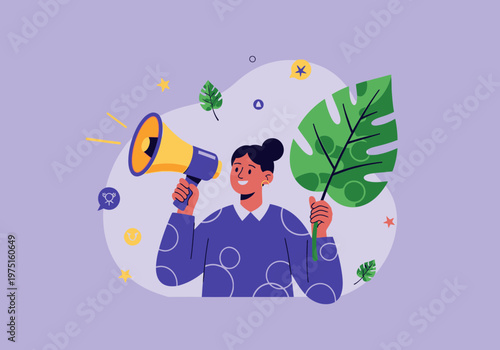 Woman Holding Megaphone and Leaf.