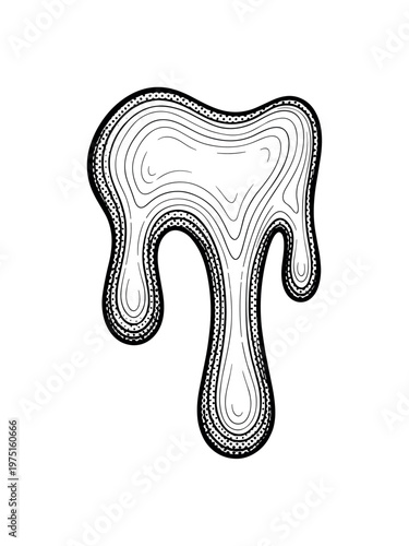 A wax drip forming an organic shape with engraved texture and halftone shading, black and white illustration, vintage editorial aesthetic, strong contrast,