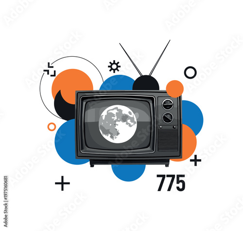 retro TV moon broadcast with geometric circles semicircles and symbolic shapes, black and white vintage television screen showing full moon with layered