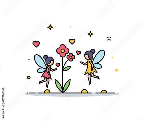 Fairy friendship a pair of tiny fairies interacting near a small flower cluster with subtle heart or sparkle accents. A gentle visual metaphor of connection