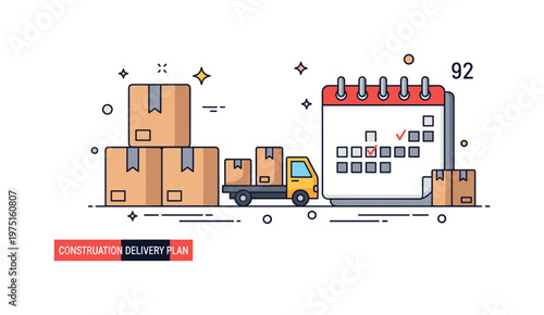 Construction material delivery plan featuring stacked boxes, a small truck, and a marked calendar page conveying structured workflow and reliable shipment