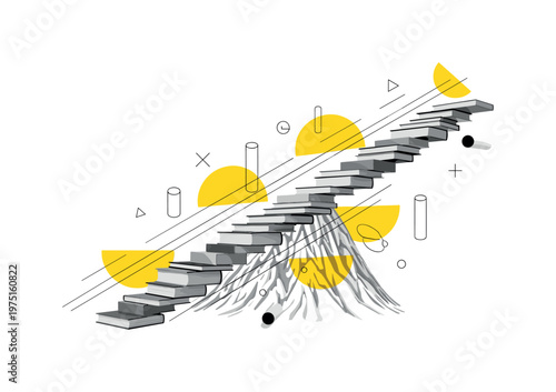 books arranged into ascending mountain-like stairs, yellow semicircles and thin black lines suggesting elevation and motion, abstract cylinders and symbols