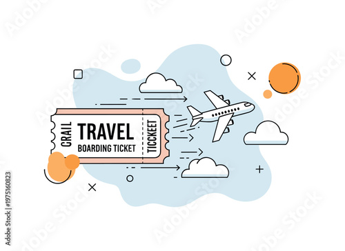 Travel boarding ticket. A stylized ticket stub transforming into a small airplane silhouette, clouds and arrows indicating movement. Calm, aspirational mood