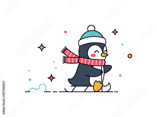 Penguin winter fun a tiny penguin sliding across ice with a happy face and subtle decorative sparkles enhancing the mood. A cheerful illustration of seasonal